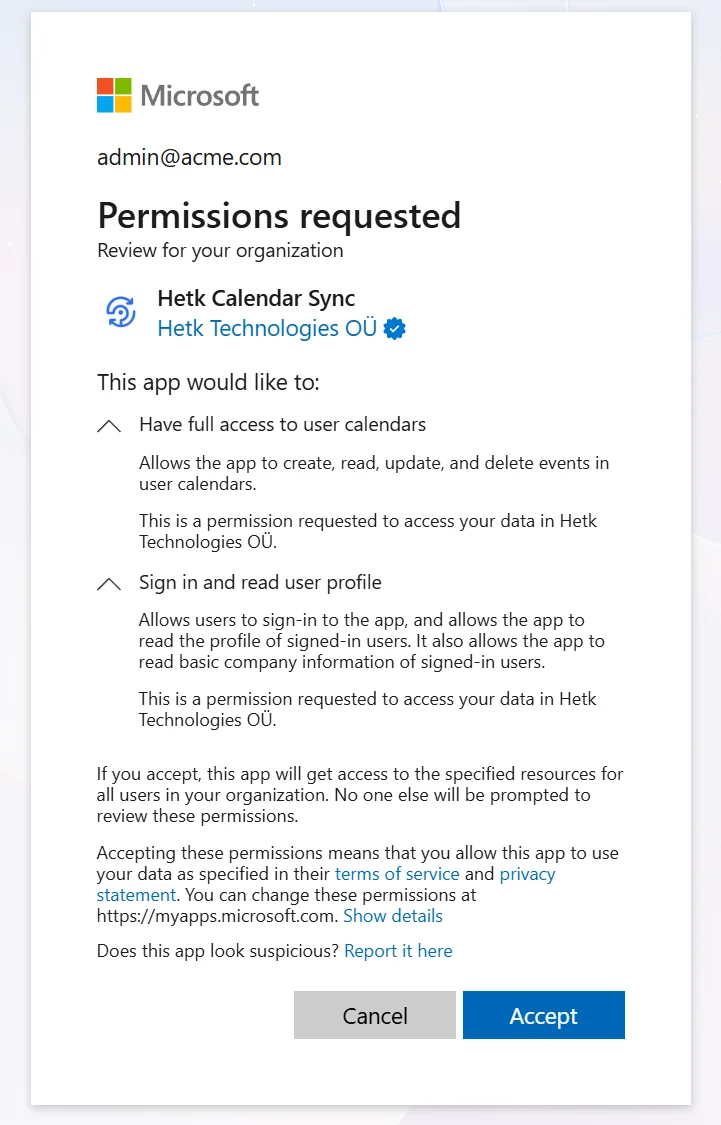 Admin consent permissions dialog
