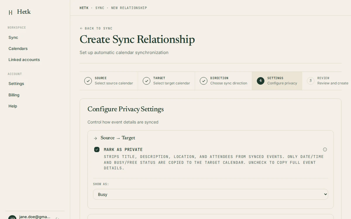 Hetk privacy settings — Mark as Private and Show As