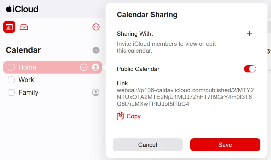 iCloud Calendar sharing with public link
