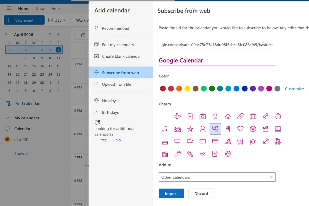 Outlook Subscribe from web dialog